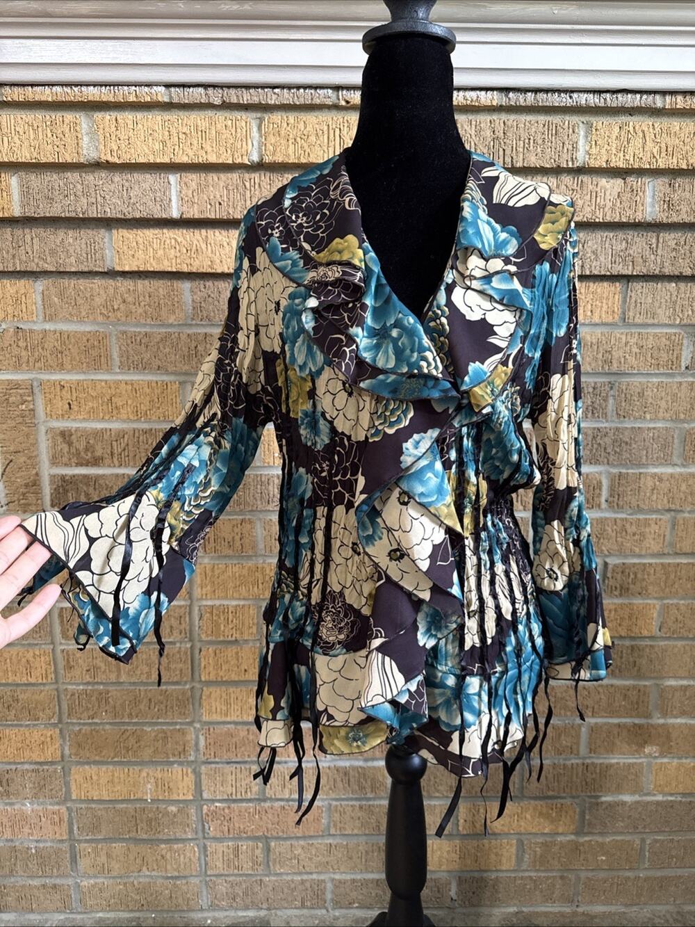 VTG Agorra Pleated Ruffle Forest Fairy Grunge Top Sz M Whimsical Bell Sleeves